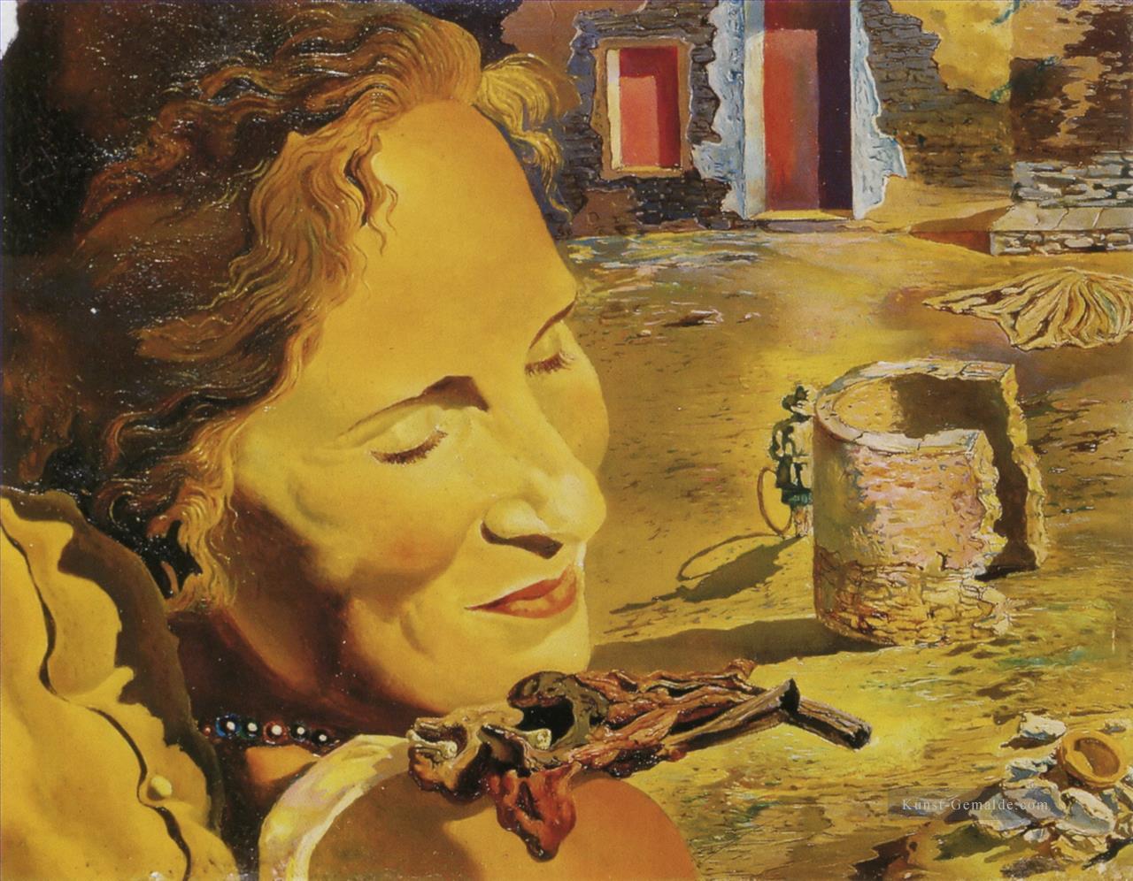 Porträt von Gala mit zwei Lammkoteletts balanciert auf ihrer Schulter Surrealismus Ölgemälde
